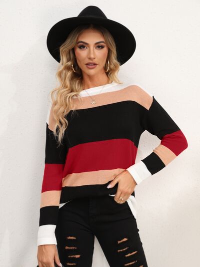 Striped Round Neck Dropped Shoulder Sweater - Charming Charlie