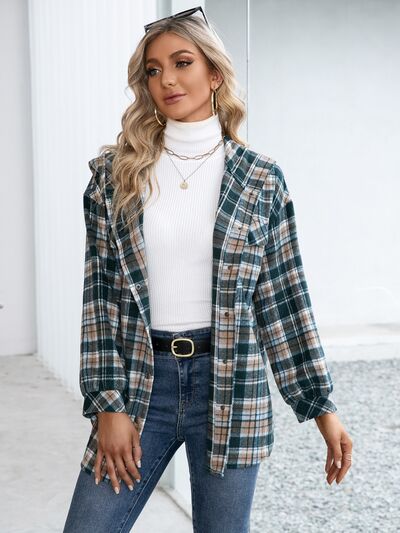 Plaid Snap Down Hooded Jacket - Charming Charlie