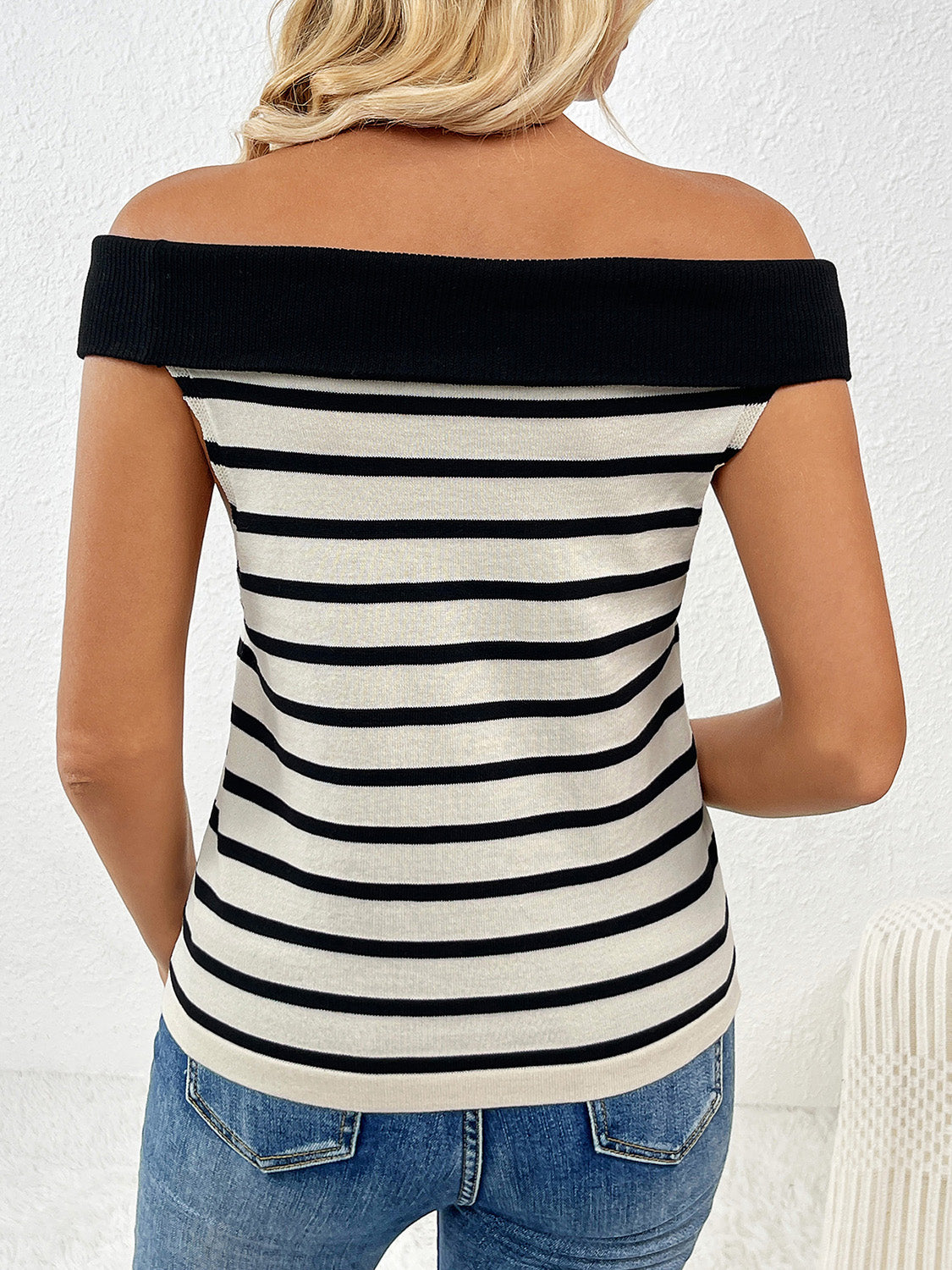 Decorative Button Striped Off-Shoulder Knit Top - Charming Charlie