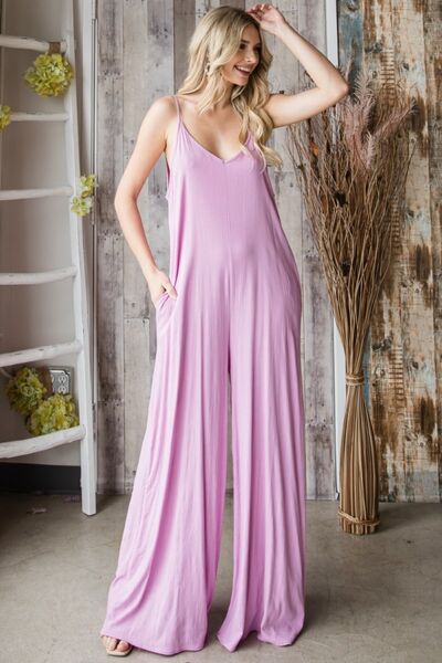 Veveret Pocketed Spaghetti Strap V-Neck Wide Leg Jumpsuit - Charming Charlie