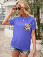 Pocketed Leopard Round Neck Short Sleeve T-Shirt - Charming Charlie