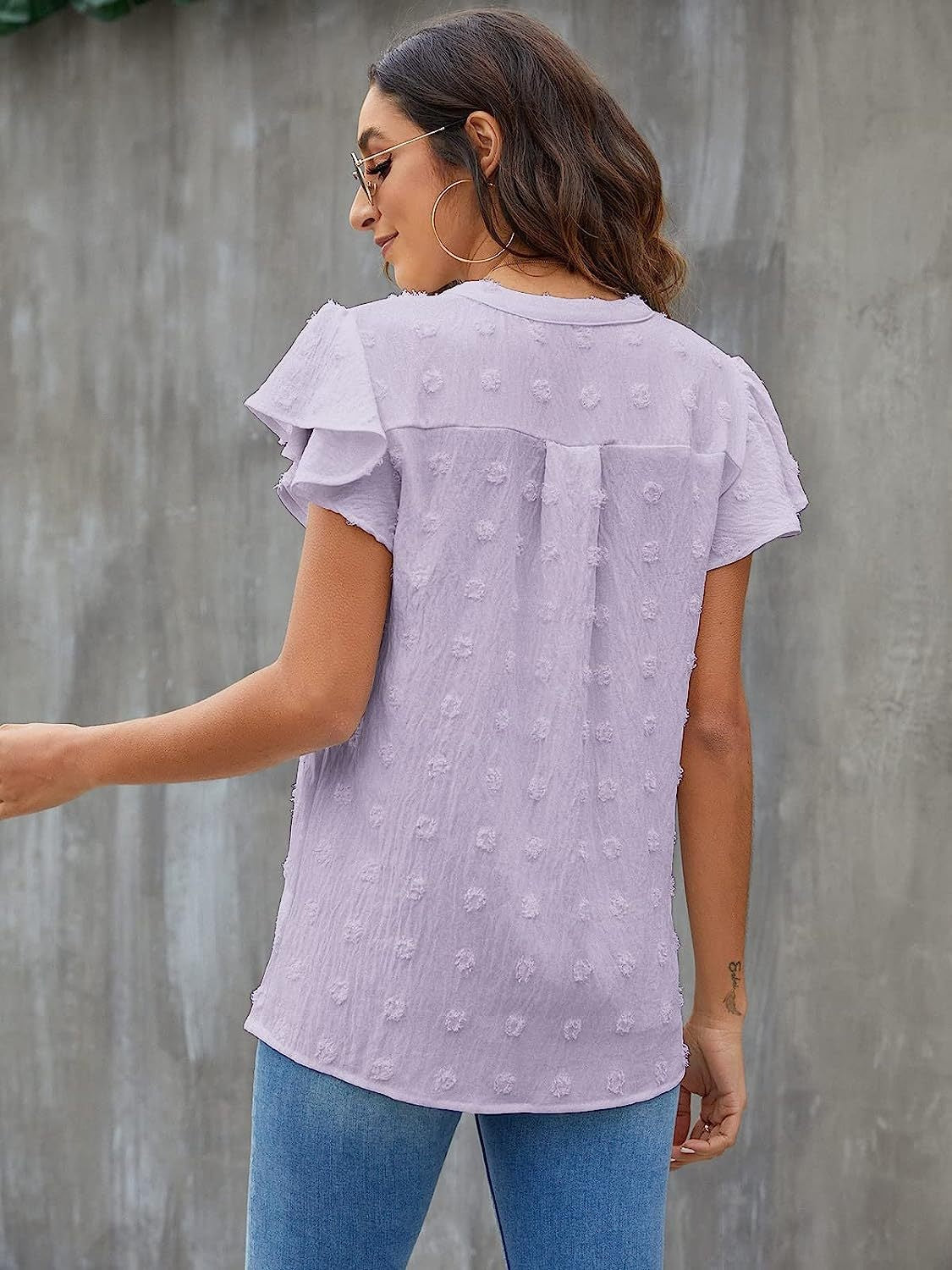 Swiss Dot Notched Cap Sleeve Blouse - Charming Charlie