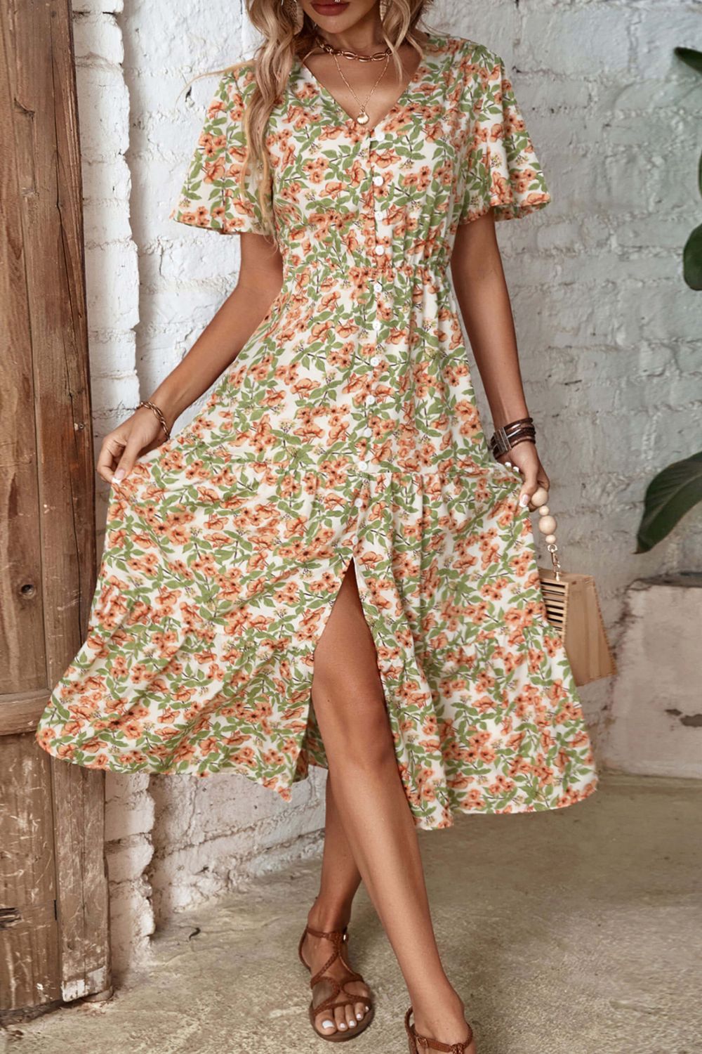 Floral V-Neck Front Slit Dress - Charming Charlie