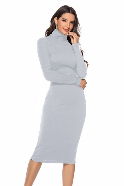 Ribbed Turtleneck Long Sleeve Dress Light Gray / M Ribbed Turtleneck Long Sleeve Dress Light Gray / M