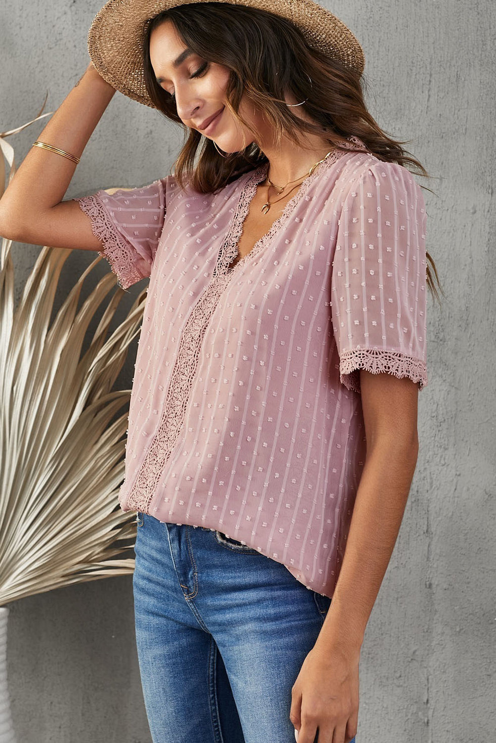 Swiss Dot Lace Trim Flutter Sleeve V-Neck Blouse main image 1