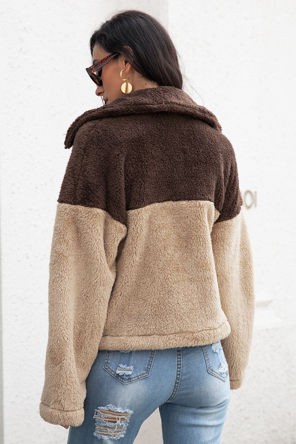 Two-Tone Collared Neck Fuzzy Jacket – Charming Charlie