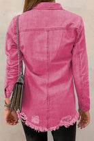 Distressed Raw Hem Snap Down Denim Jacket - Charming Charlie