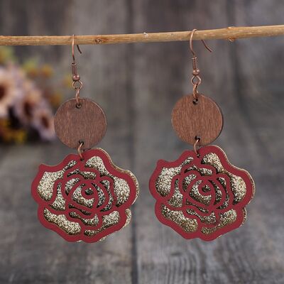 Wooden Alloy Rose Shape Dangle Earrings - Charming Charlie
