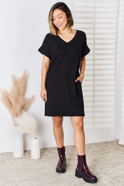 Zenana Full Size Rolled Short Sleeve V-Neck Dress – Charming Charlie