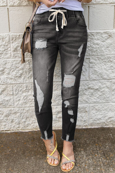 Drawstring Distressed Raw Hem Jeans with Pockets - Charming Charlie