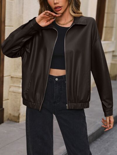 Pocketed Zip Up Collared Neck Jacket - Charming Charlie
