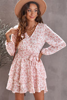 Floral Surplice Balloon Sleeve Layered Dress - Charming Charlie