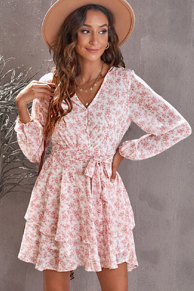 Floral Surplice Balloon Sleeve Layered Dress - Charming Charlie