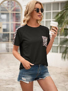 Pocketed Leopard Round Neck Short Sleeve T-Shirt - Charming Charlie