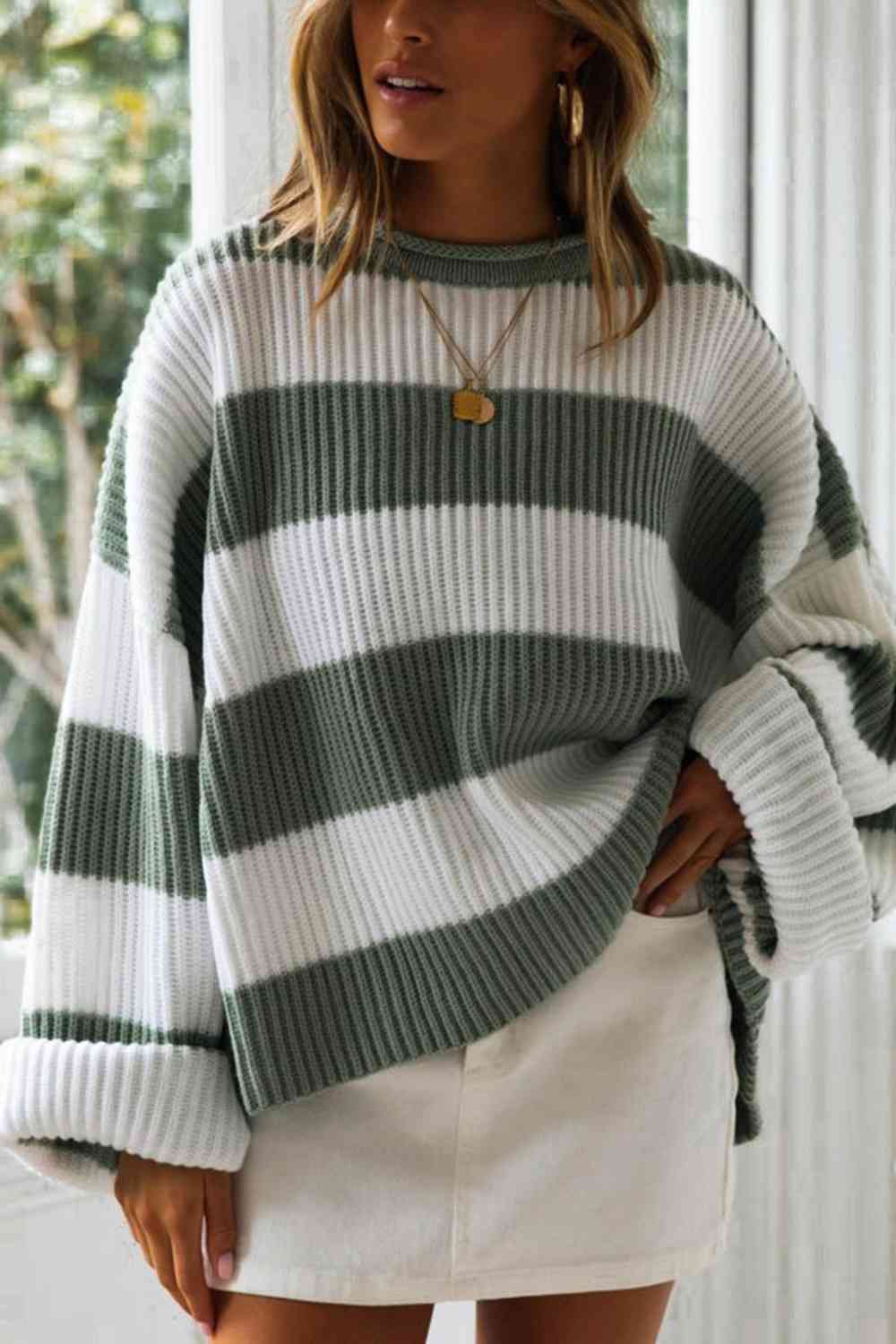 Striped Round Neck Long Sleeve Sweater - Heather Gray / S