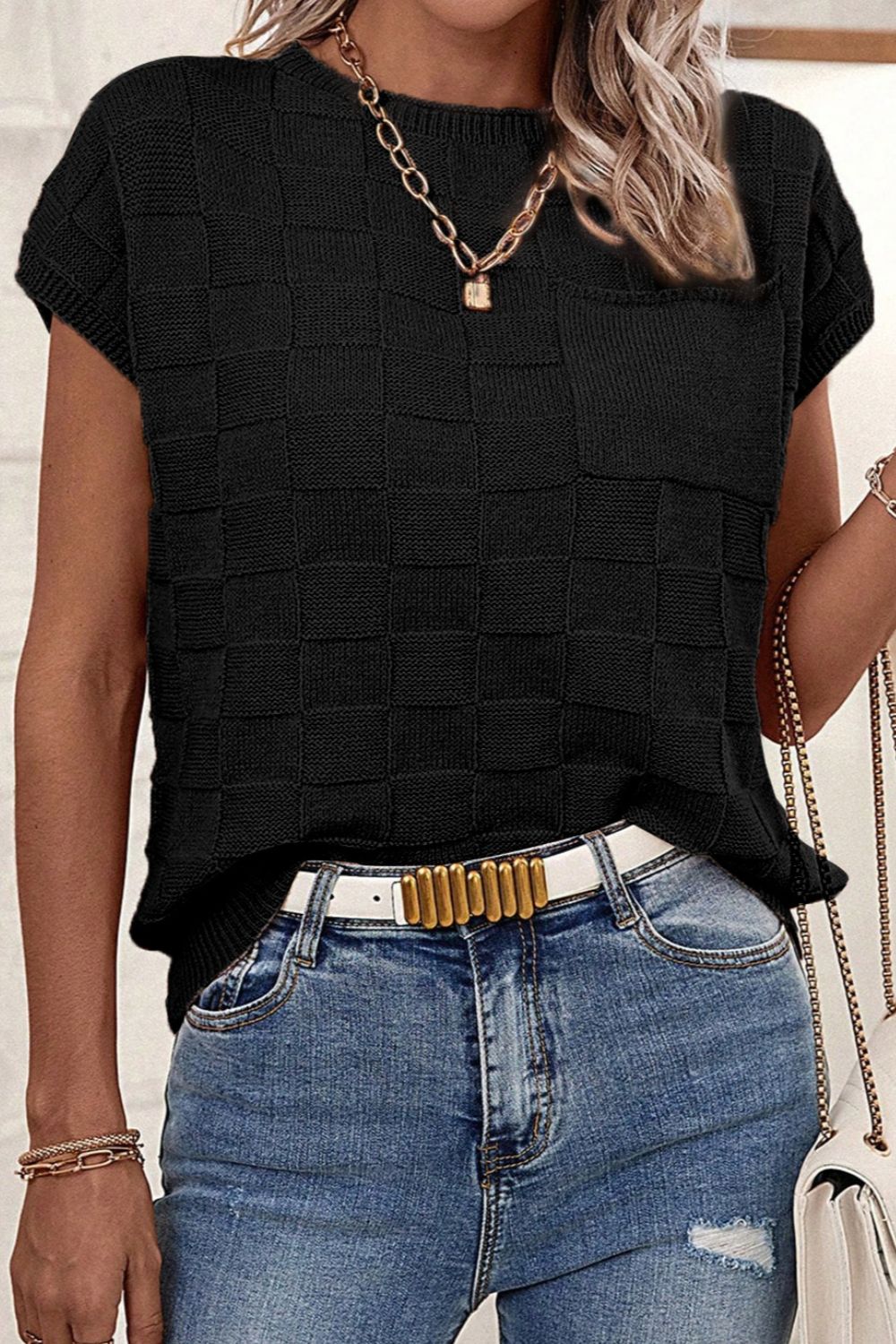 Pocketed Checkered Round Neck Knit Top - Charming Charlie