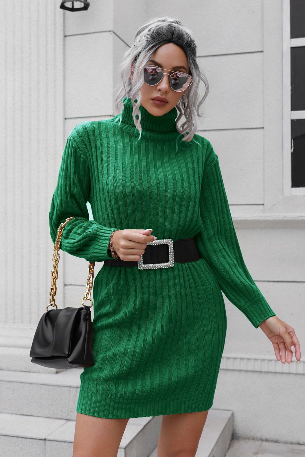 Ribbed Turtle Neck Long Sleeve Mini Sweater Dress Camel / S Ribbed Turtle Neck Long Sleeve Mini Sweater Dress Camel / S