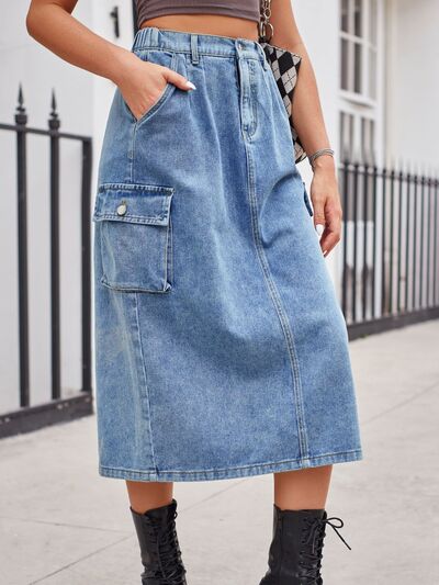 Slit Buttoned Denim Skirt with Pockets - Charming Charlie