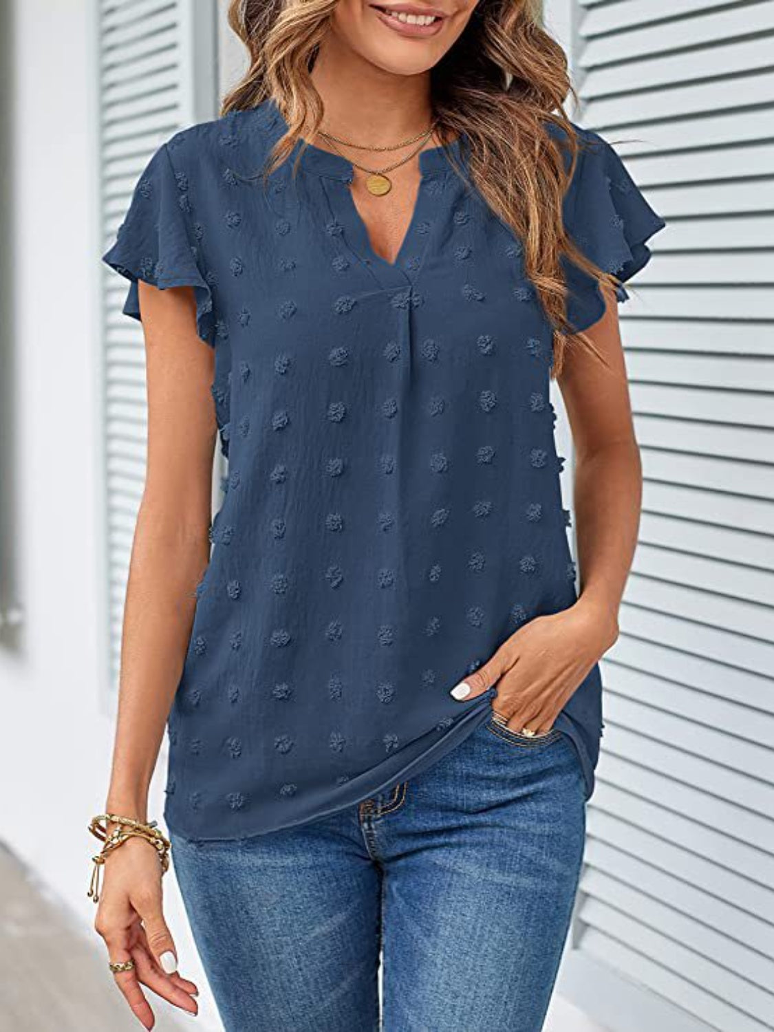 Swiss Dot Notched Cap Sleeve Blouse - Charming Charlie