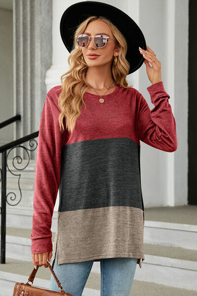 Color Block Round Neck Long Sleeve T-Shirt - Charming Charlie