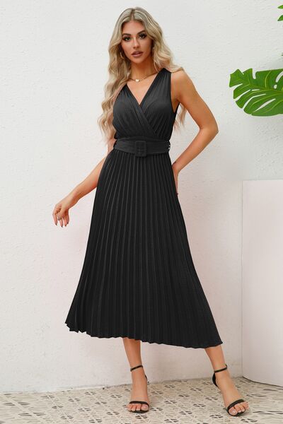 Surplice Sleeveless Midi Pleated Dress Black / M Surplice Sleeveless Midi Pleated Dress Black / M