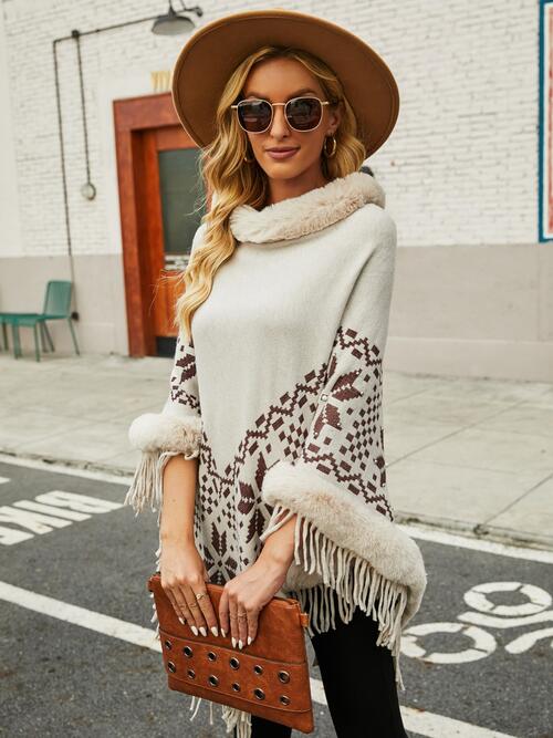 Fringe Geometric Cape Sleeve Poncho – Charming Charlie