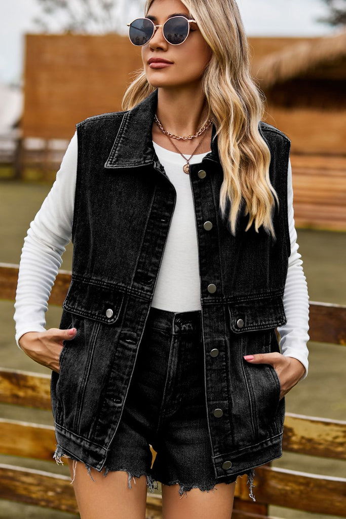 Pocketed Button Up Collared Neck Denim Top