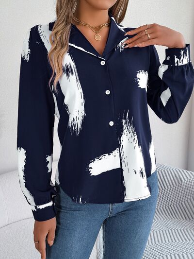 Printed Collared Neck Button Up Shirt - Charming Charlie