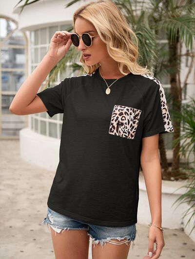 Pocketed Leopard Round Neck Short Sleeve T-Shirt - Charming Charlie