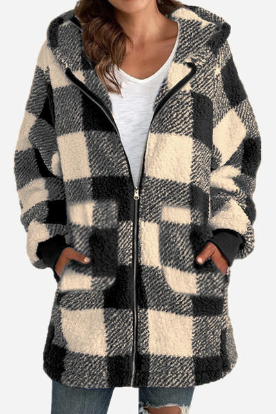 Double Take Full Size Plaid Long Sleeve Hooded Coat - Charming Charlie