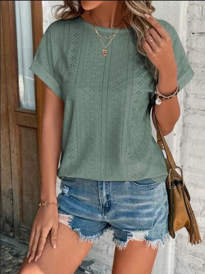 Eyelet Round Neck Short Sleeve T-Shirt - Charming Charlie
