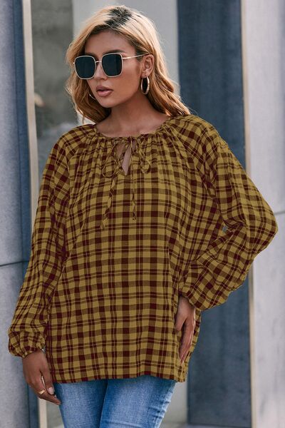 Plaid Tie Neck Balloon Sleeve Blouse - Charming Charlie