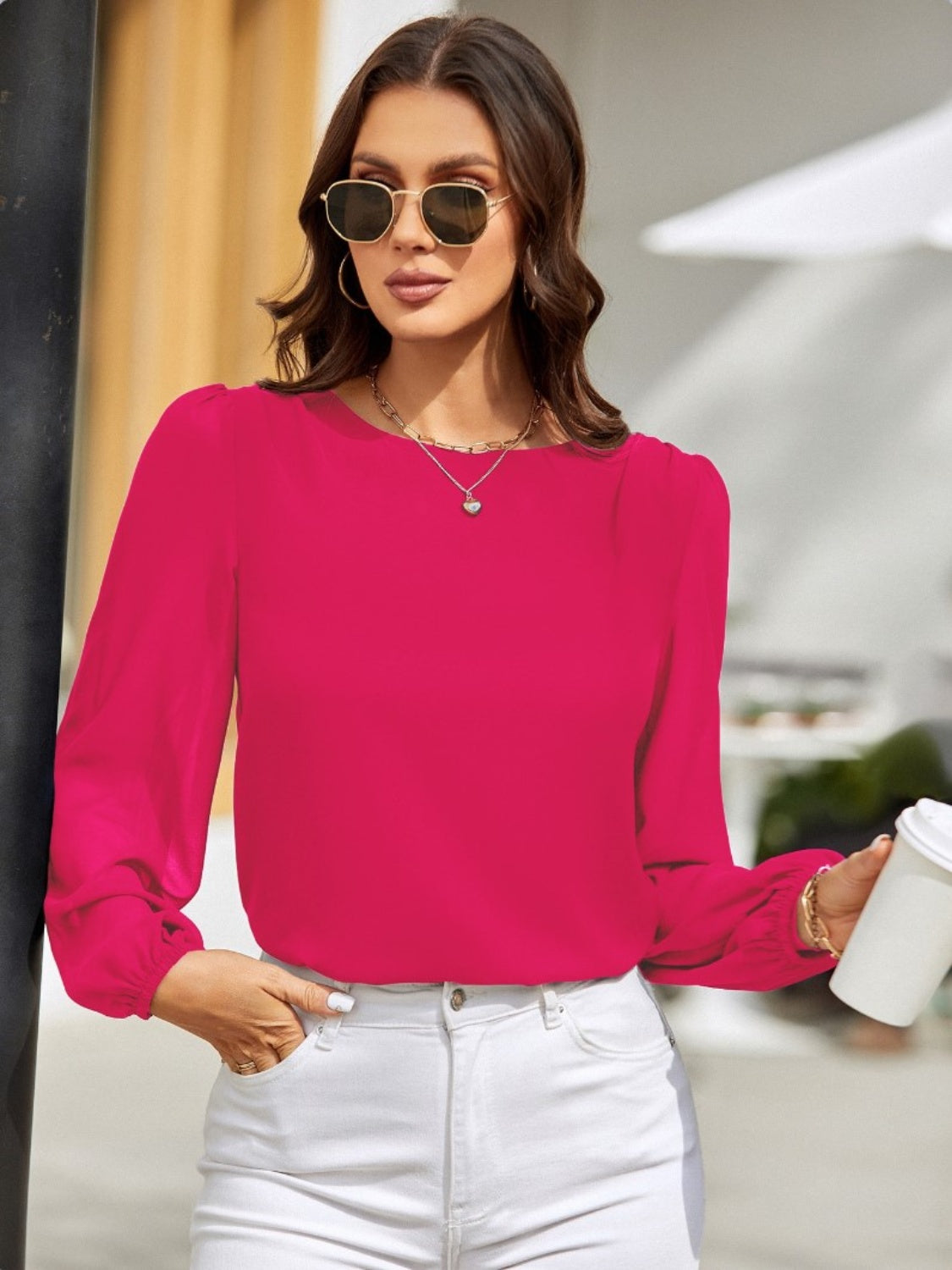 Round Neck Long Sleeve Blouse - Charming Charlie