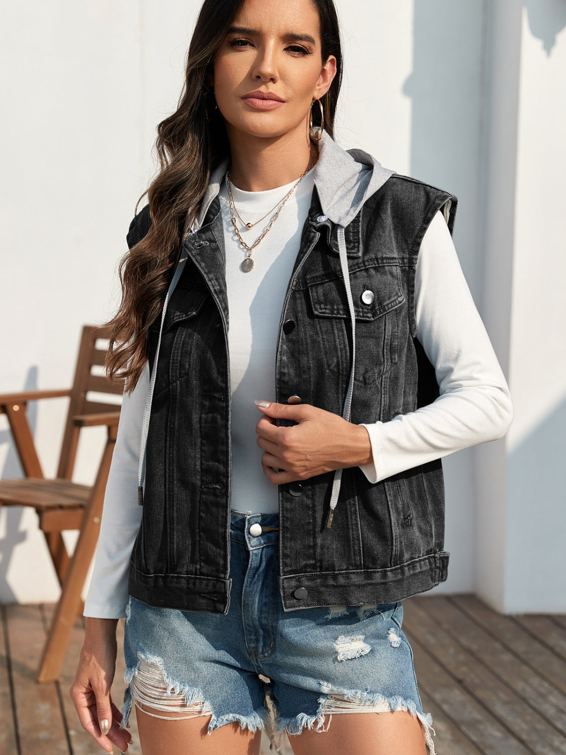 Pocketed Button Up Hooded Denim Jacket - Charming Charlie