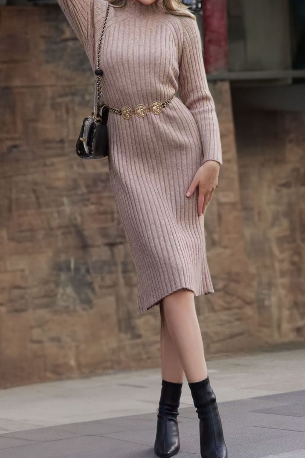 Ribbed Mock Neck Sweater Dress Dust Storm / S Ribbed Mock Neck Sweater Dress Dust Storm / S