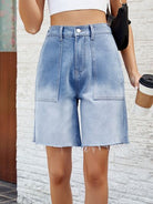 Buttoned Raw Hem Denim Shorts with Pockets - Charming Charlie