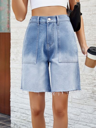 Buttoned Raw Hem Denim Shorts with Pockets - Charming Charlie