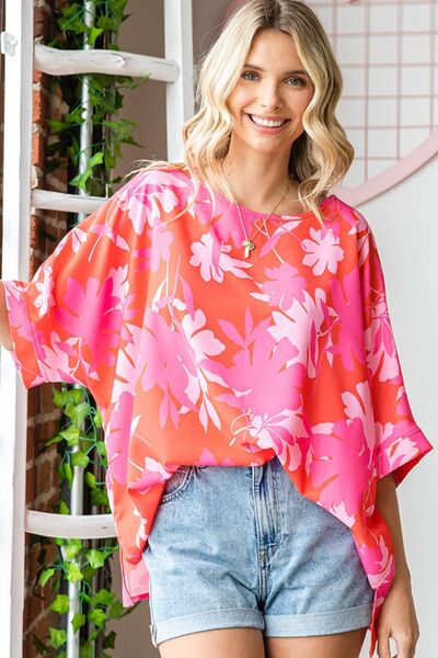 First Love Slit Printed Round Neck Half Sleeve Blouse - Charming Charlie