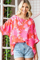 First Love Slit Printed Round Neck Half Sleeve Blouse - Charming Charlie