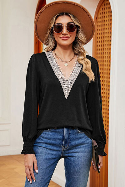 Lace Detail V-Neck Lantern Sleeve T-Shirt - Charming Charlie