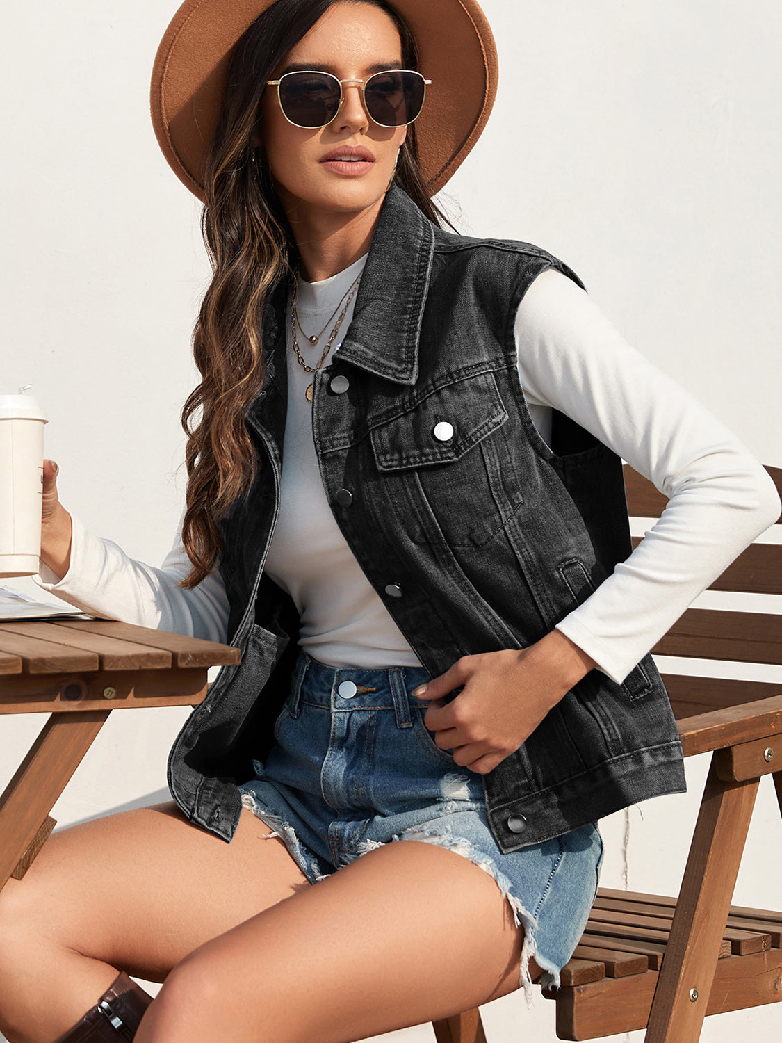 Collared Neck Sleeveless Denim Jacket - Charming Charlie
