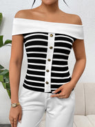 Decorative Button Striped Off-Shoulder Knit Top - Charming Charlie