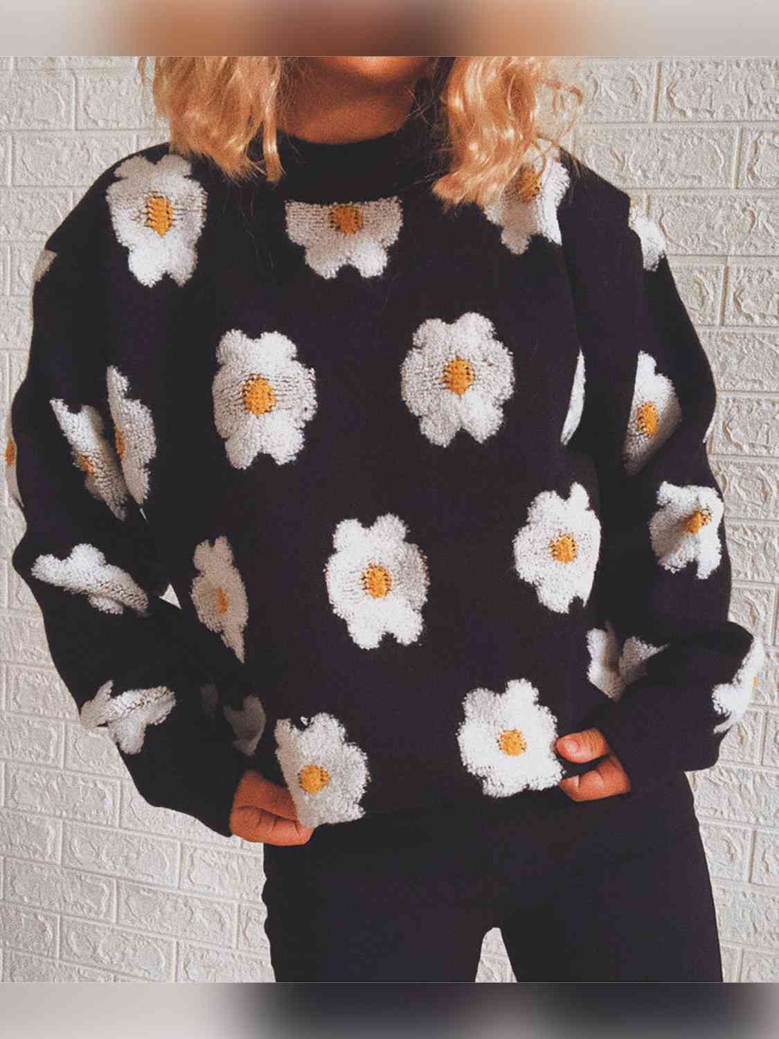 Flower Round Neck Long Sleeve Sweater - Charming Charlie