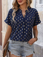 Printed Notched Short Sleeve Blouse - Charming Charlie