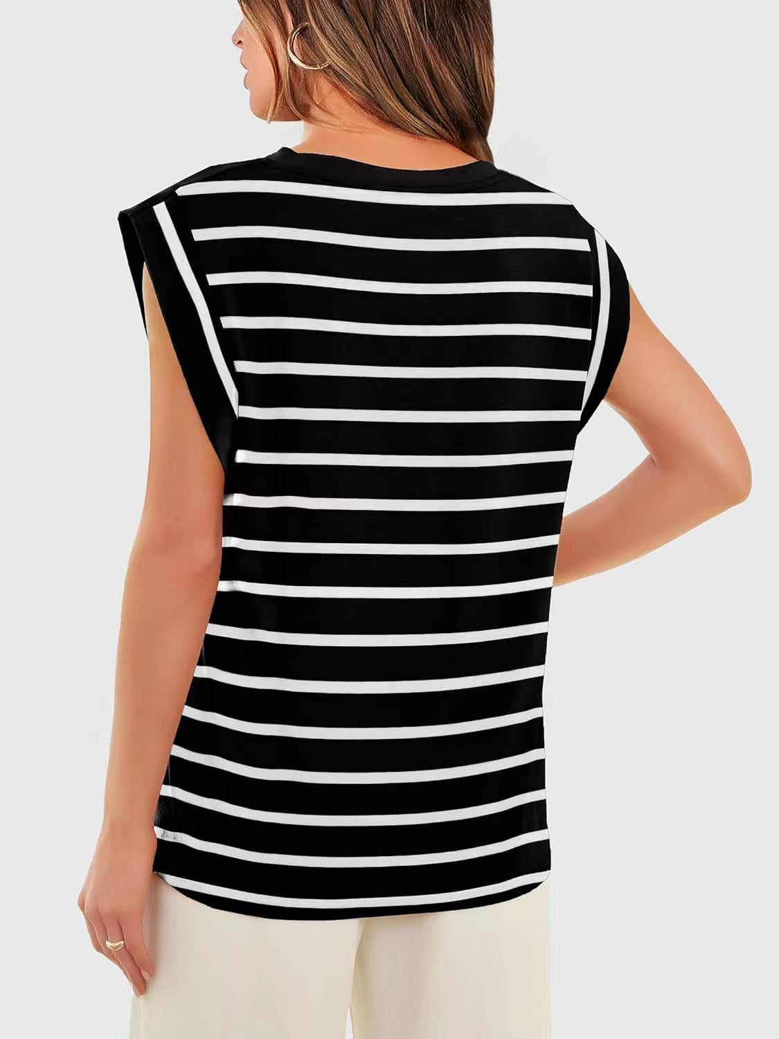 Striped Round Neck Cap Sleeve T-Shirt - Charming Charlie