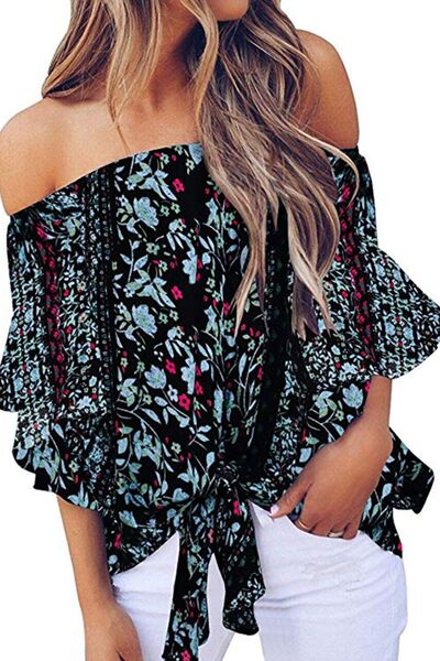 Tied Printed Off-Shoulder Half Sleeve Blouse - Charming Charlie