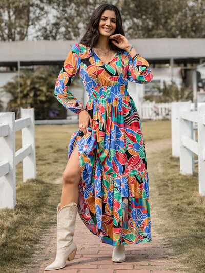 Printed Smocked Tie Neck Balloon Sleeve Maxi Dress Multicolor / L Printed Smocked Tie Neck Balloon Sleeve Maxi Dress Multicolor / L