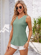 Eyelet Decorative Button V-Neck Tank - Charming Charlie