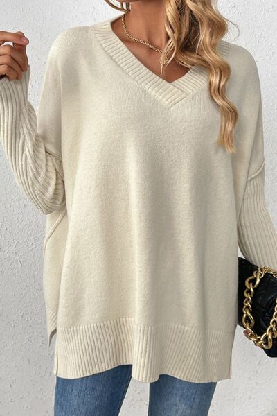 Slit V-Neck Dropped Shoulder Sweater - Charming Charlie