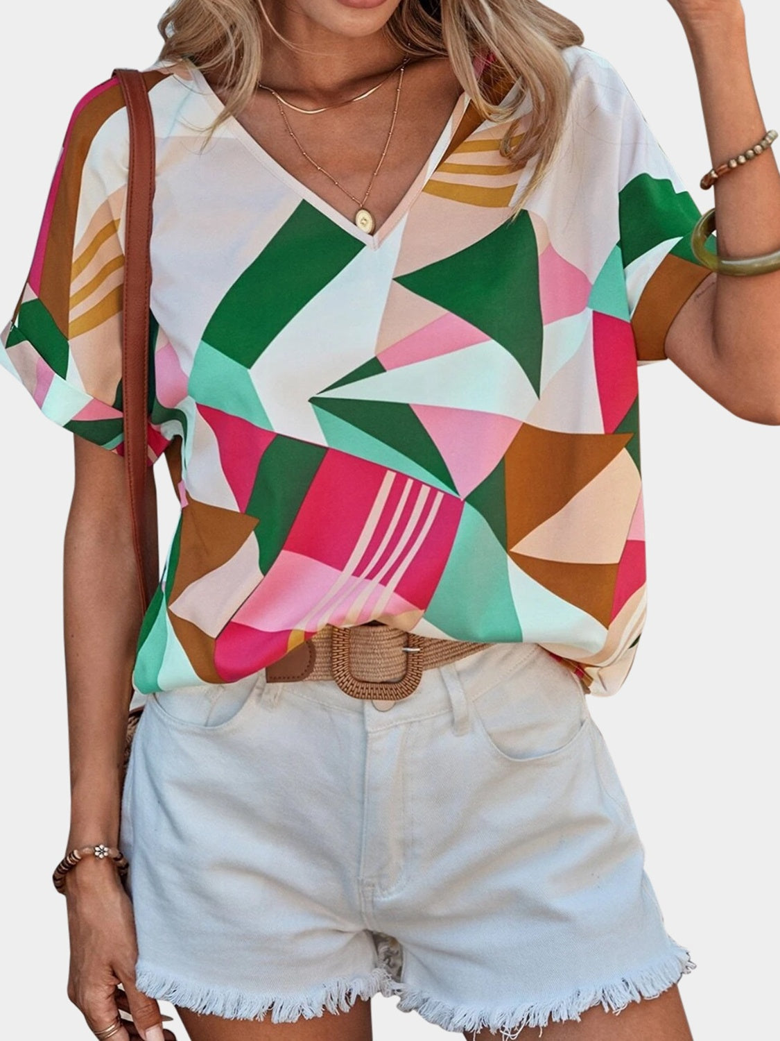Printed V-Neck Short Sleeve Blouse - Charming Charlie